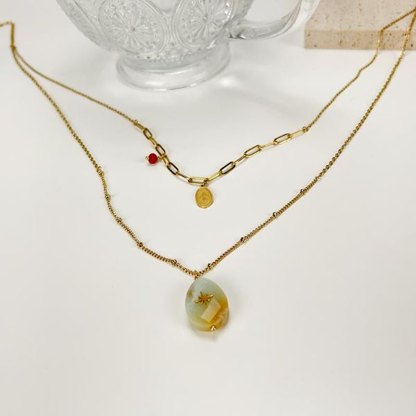 Colares pendentes Monlansher Link de 2 camadas de pedra natural colorido de ouro colorido de aço de titânio Chain Cheker elegante vintage elegante
