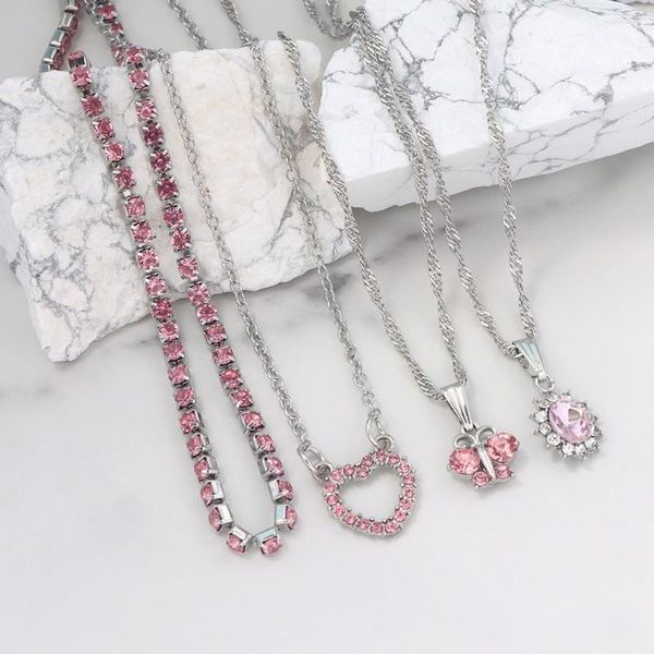 Catene INS Collana con catena da tennis con ciondolo a forma di farfalla con strass rosa per donna Gioielli intrecciati multistrato color argento