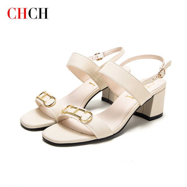 Kleidschuhe CHCH 2023 Neue Kuhleder Damen Sommer Low Heels Knöchelriemen Sandale Offene Zehen Sexy High Hochzeit Party Sandalen SchuheL230301