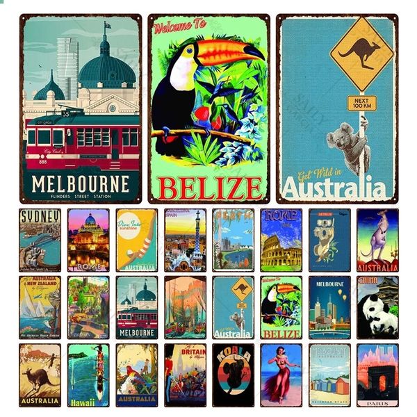 Retro Città Animali Paesaggio Targa in metallo in metallo Poster Paese Paesaggio Poster Australia Canguro Cina Panda Poster Decorazioni per la casa Bar Targa in metallo Man Cave Decor 30X20 w01