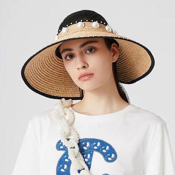 Chapéus largos de largura de alta qualidade malha de palha de palha decoração de pérolas vazias Big Big Sun Hat for Women Beach Summer Casual Chapeu