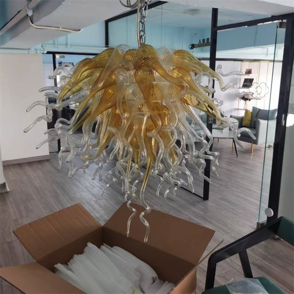 Lampadario in vetro italiano di Murano, lampadario, arredamento per ufficio, America, orgoglio, vetro soffiato, fantasia, luci sospese, 28 x 20 pollici, colore ambra trasparente