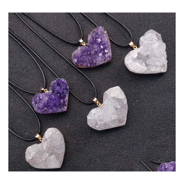 Auto DVR Anhänger Halsketten Heilung Natürlicher Amethyst Stein Herz Halskette Gold Band Weiß Kristall Charms Kragen Für Frauen Reiki Schmuck Drop D Dhpig