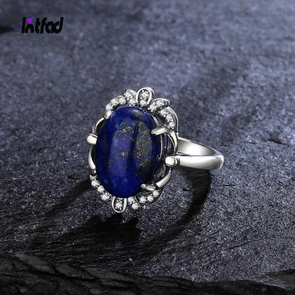 Cluster Rings Natural Lapis Lazuli Ring 925 Серебряные кольца стерлингов для женщин винтаж 10*14 мм лунные лабрадориты