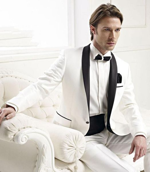 Ternos masculinos Madeiras personalizadas xale -lapão preto Tuxedos Homem de casamento de marfim de marfim (calça de jaqueta cinto de amarração) B8230