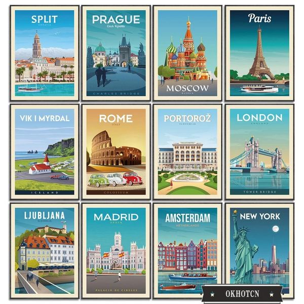 Amsterdã Nova York Roma Moscow Anime Paintings Poster Famous Beautiful City Canvas Pintura de Wall Art Pictures for Living Room Woo