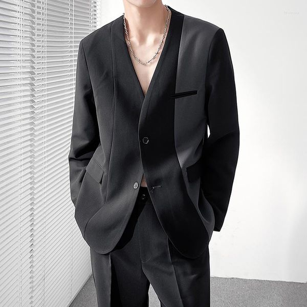 Ternos masculinos 2023 Terno de costura de contraste de outono para homens coreanos casuais 2 PCs Conjunto de colarinho de colarinho de casamento traje de noivo Homme