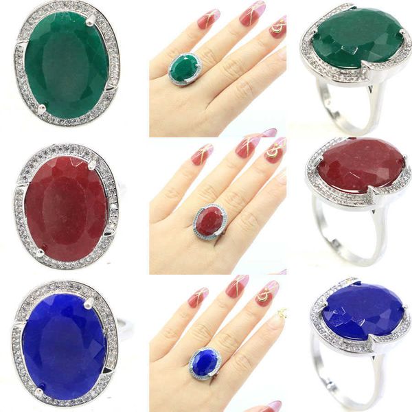 Cluster Rings 25x20mm Big Oval Gemstone 8.3g Real Green Emerald Blue Sapphire Red Ruby CZ Women Engagement 925 Silver Rings Bride Fine Jewelry G230228