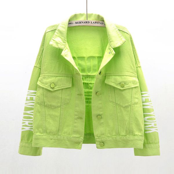 Giacche da donna Giacca da donna stampata con lettera Giacca di jeans verde neon Donna alla moda Moda coreana Sciolto color caramello Cappotto sottile Top Bottone Streetwear QUUN