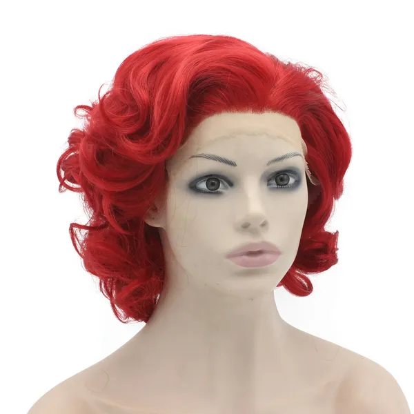 Parrucca ondulata rossa da 10 pollici Parrucca rossa riccia sintetica Marilyn anteriore in pizzo Kanekalon da donna ondulata per la festa di cosplay