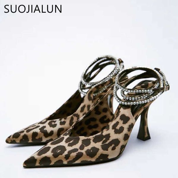 Suojialun 2022 verão sexy estampa de leopardo mulheres sandálias de slingback de ponta pontia