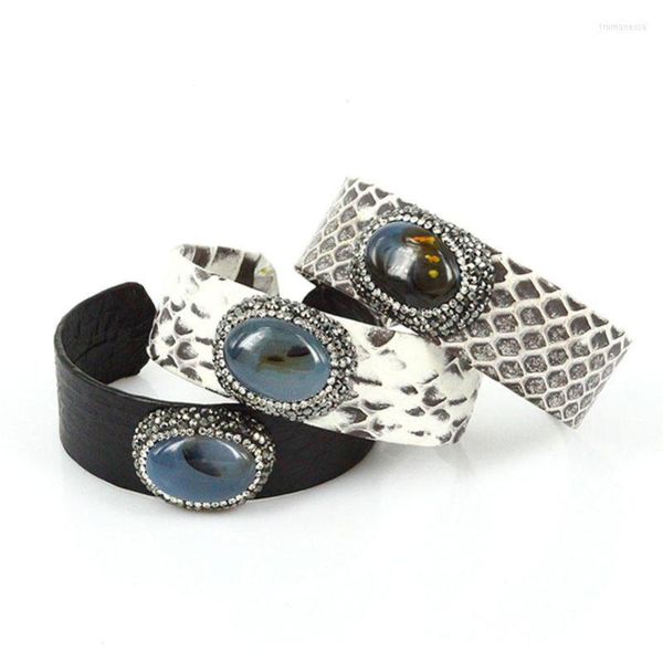 Bangle di gioielli di lusso in pelle grigio nero in pelle ovale Niagara Blue Pietra con pattern spot Charm regolabile braccialetti aperti per donne