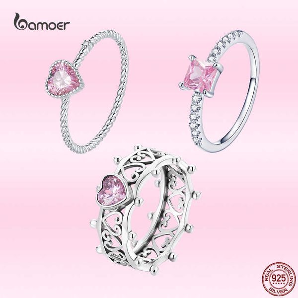 Anéis de cluster Bamoer 925 Sterling Silver Vintage Hollow Love Rings Romantil Pink Heart Zircon Rings para mulheres S925 Presente de jóias de casamento G230228