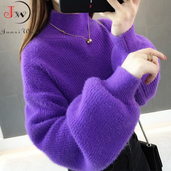 Suéteres femininos espessos Mohair Mulheres suéteres Turtleneck Soft Lantern Sleeve Short Pullovers curtos Moda Autumn Sweater Women Women Screanpers 230301