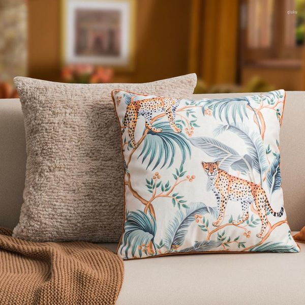 Capa de veludo de desenho animado de travesseiro 45x45 American Leopard Plant Floral Impresso Capas de sofá decorativo Decoração de casa