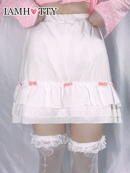 IAMTY Cascading Ruffle Aline Kawaii Saia com Arco Estético Branco Mini Saias Estilo Japonês Lolita Fairycore Outfit 230301