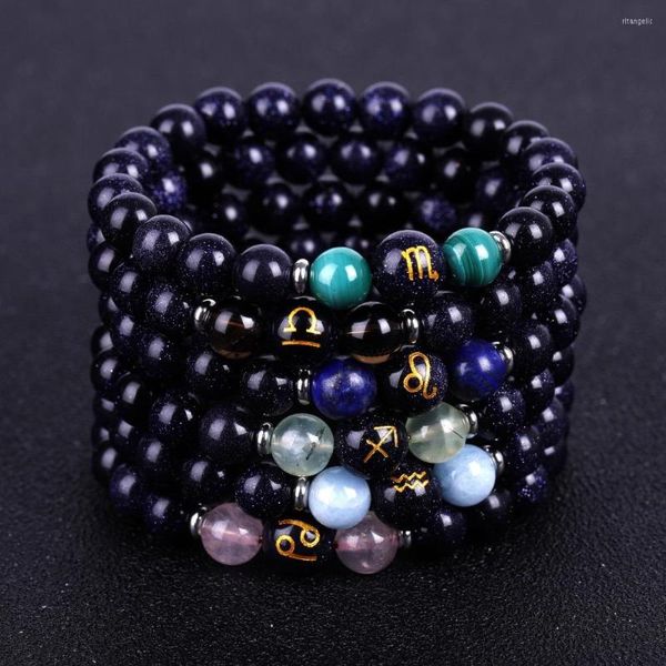 Strang Natürliches Blaues Goldstein-Armband Glücksbringer mit 12 Tierkreiskonstellationen Charm Reiki Amethyste Malachit Quarz Heilarmbänder