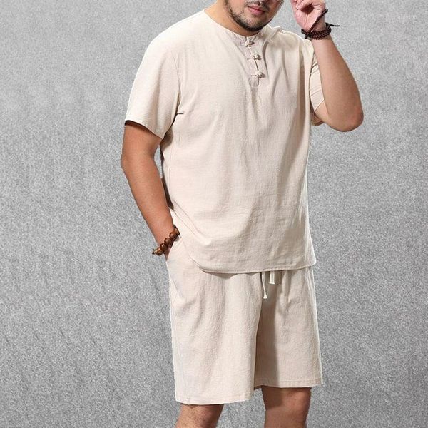 Trajes masculinos de traje de linho de linho de t-shirt de tamanho grande tracksuit de traje de fechamento de verão algodão doce de 2 peças de peças chinesas estilo