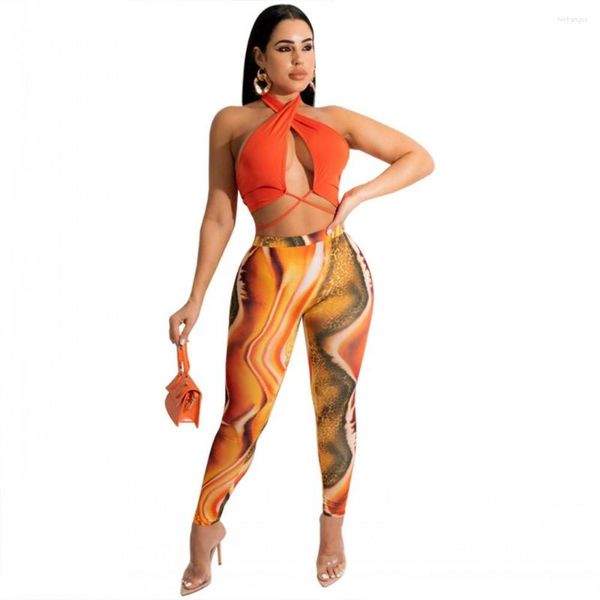 Pantaloni a due pezzi da donna Abito attillato da donna africana Arancione Wrap Chest Sexy Halter Top Leggings Set 2023 Summer Femme Clothes