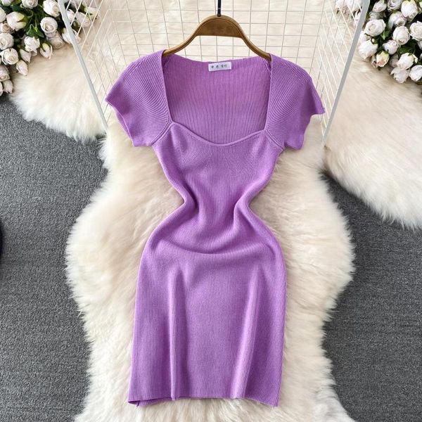 Casual Kleider Vintage Frauen Sommer Kleid Koreanische Stil Sexy Quadrat Kragen Kurzarm Slim Fit Stricken Elegante Einfache Weibliche Mini