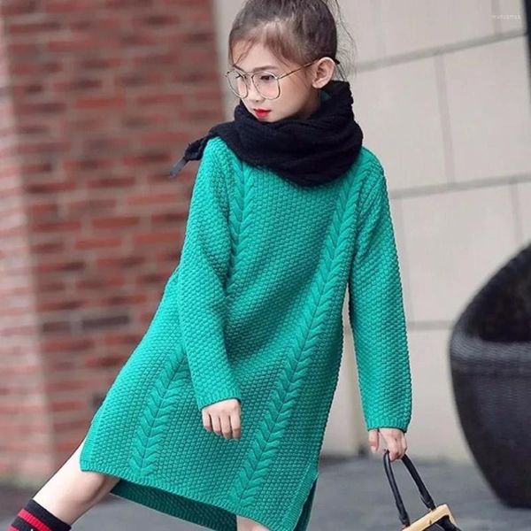 Vestidos de menina de 4 a 14 anos, infantil, suéter de gola alta para meninas, vestido de malha casual de outono, vestido de estilo coreano