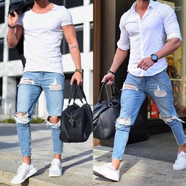 Männer Jeans 2023 Männer Mode gestapelt Skinny Ripped Male Cool Denim Slacks Hosen Hip Hop Retro Boyfriend Streetwear Hellblau