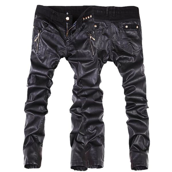 Pantaloni da uomo in pelle coreana slim skinny impiombati moda pantaloni da moto con zip neri