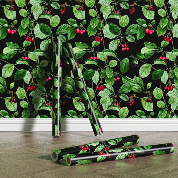 Papéis de parede Cherry Tree Casce e Stick Wallpaper para sala de estar Sofá de TV verde Folha de fundo da parede Renovação de móveis de parede