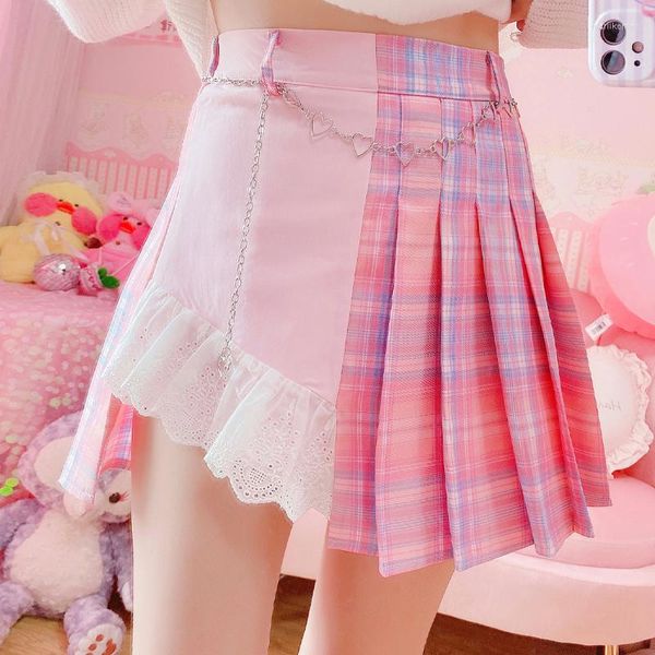 Юбки Harajuku kawaii розовая клетчатая мини -юбка Женская готика высокая талия лолита косплей милый кружев