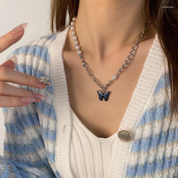 Collane con ciondolo Ragazza Collana da donna in acciaio inossidabile Cool Blue Butterfly Design Clavicola Catena per maglione Accessori artistici