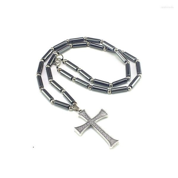 Collane con ciondolo Collana da uomo di moda Perline con tubo di ematite con gioielli fatti a mano con croce in lega di zinco