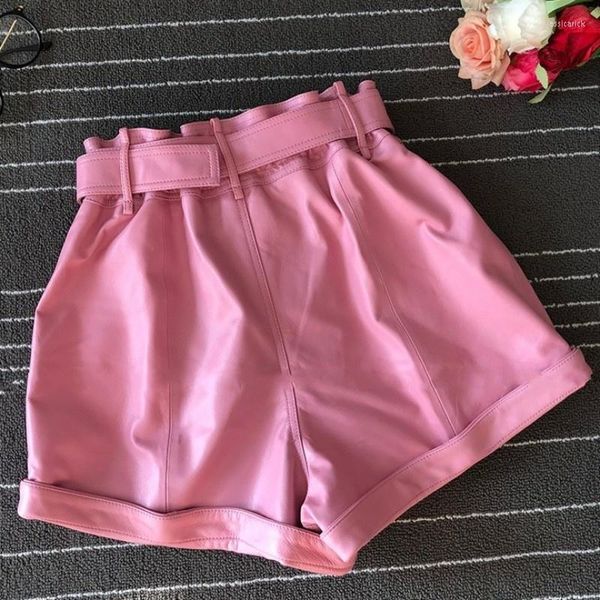 Frauen Shorts Schaffell Frauen Echtes Leder Breites Bein Mode 2023 Rosa Hohe Taille Schlank Straße Schärpen Casual Weibliche S-XL