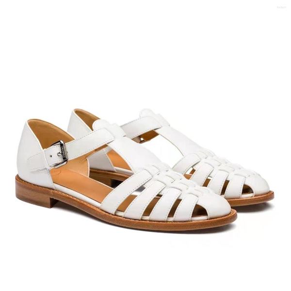 Sandali da donna in pelle Scarpe da donna in pelle Sandalo stile pesce Gladiatore Tacco basso Donna Fibbia per scarpe da ginnastica per vacanze al mare Bianco