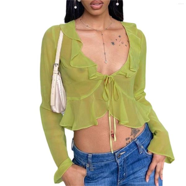 Женские футболки Y2k с принтом, женские прозрачные сексуальные укороченные топы с длинными расклешенными рукавами, глубокий V-образный вырез, плиссированный подол для летней одежды для пабов338H