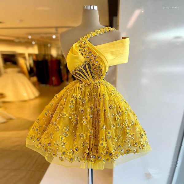 Partykleider Gelb Mode Luxus Eine Schulter 3D Blumen Plissee Kurz Mini Länge Frauen Abend Cocktailkleider Nach Maß