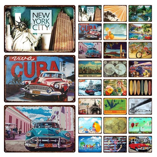 New York pittura artistica Londra Hawaii Cuba Città Scenario Poster in ferro Estate Vacanza al mare Viaggio Decorativo Placca in metallo Anti-sbiadimento Targa in metallo Dimensioni 30X20 CM w02