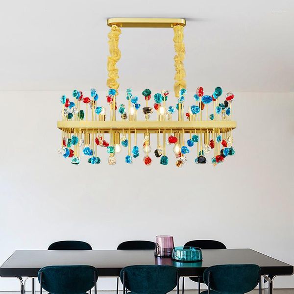 Lampadari Lampadario moderno Illuminazione per sala da pranzo Rettangolo Colorato cristallo chiaro Isola cucina di lusso Led Cristal Lustres