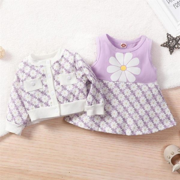 Kleidungssets Herbst Winter Süßes Baby Mädchen 2 Stück Anzüge Floral Love Langarm Jacke Mantel und ärmelloses A-Linie Kleid mit hoher Taille Lila Rosa