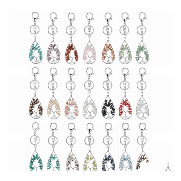 Chaços de chaves de carro DVR 12pcs fios feitos à mão Chip Stone Life of Tree Pinging Keychain 7 Chakras cura cristais