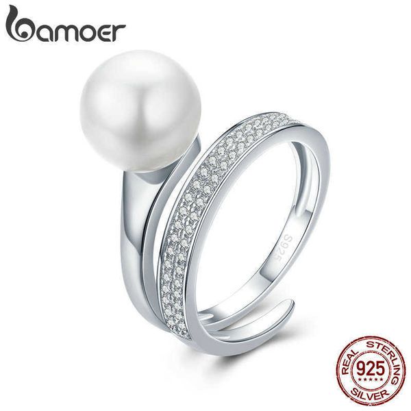 Cluster Rings Bamoer 925 Sterling Silver Elegant Geometric Circle Finger Ring Shell Pearl Ring per le donne Anniversary Engagement Jewelry SCR231 G230228