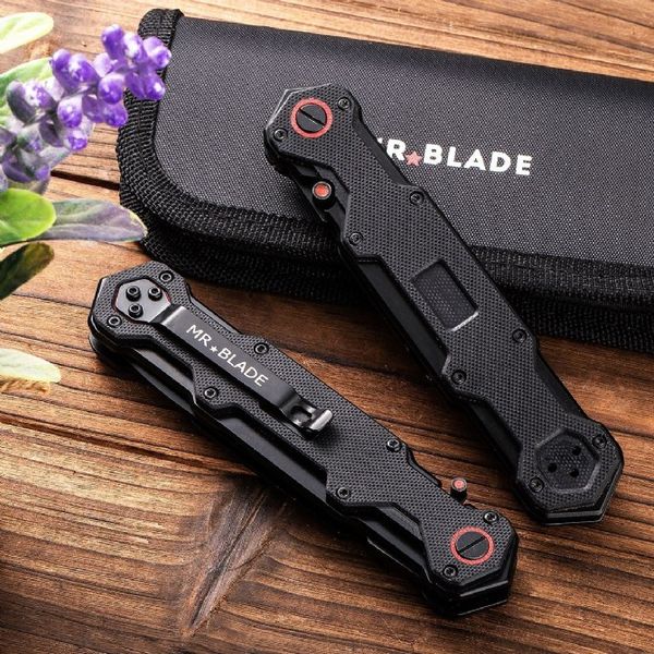 MRBLADE H2901 Coltello pieghevole tattico con apertura assistita D2 Lama con rivestimento nero G10 con manico in lamiera d'acciaio Coltelli tascabili ad apertura rapida con borsa in nylon