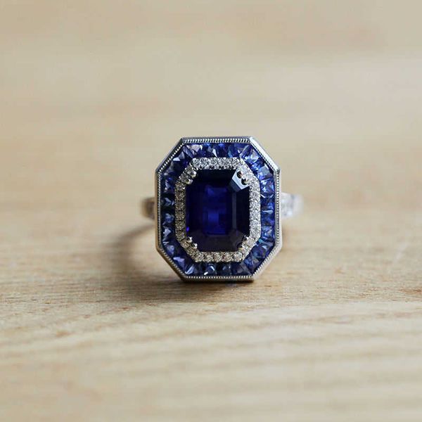 Anéis de cluster 1pc Art Deco estilo vintage Blue Sapphire Gems 925 Silver Ajuste Ajusta Ajusta Anel de Casamento Jóias Fine para Men Acessórios G230228
