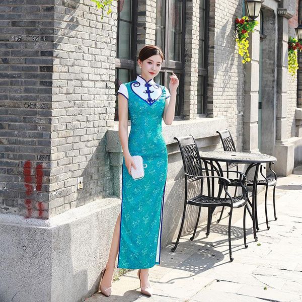 Ethnische Kleidung Oversize 5XL Frauen Kurzarm Langes Kleid Seide Qipao Chinesische Traditionelle Vintage Sexy Abend Cheongsam