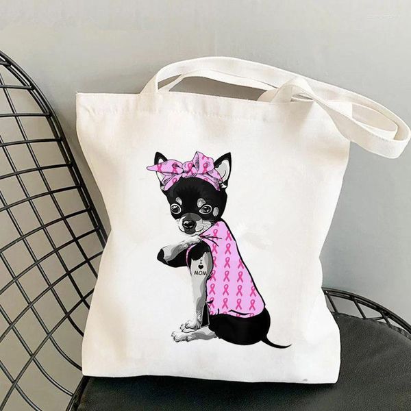 Borse per la spesa 2023 Shopper Bandane rosa Chihuahua Borsa tote stampata Borsa da donna Ragazza Spalla Lady Canvas