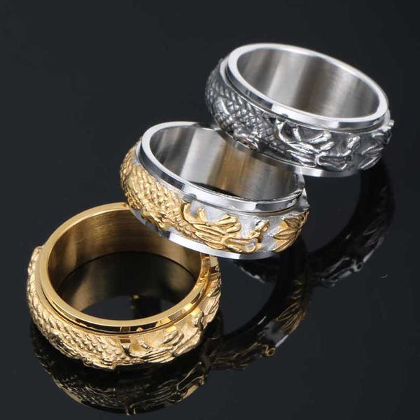 Ringos de cluster Dragão chinês Man Ringue nunca desbotamento ouro banhado 316l Aço inoxidável Rings rotatáveis ​​para homens Acessórios para joias de festa G230228