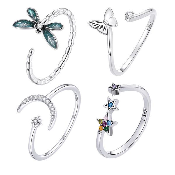 Ringos de cluster Real 925 Sterling Silver Butterfly Star Women Women Women Jewelry Colored Zircon Anel de cauda ajustável para Xmascluster