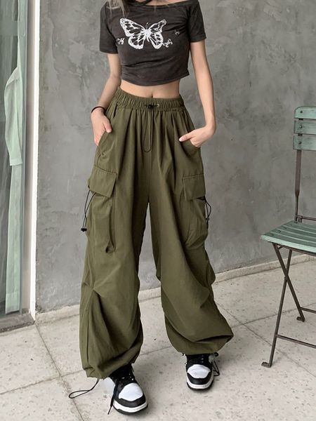 Kadın Pantolon Capris Vintage Cepler Kargo Pantolonları Çizme Yüksek Bel Street Giyim Harajuku Bol Geniş Bacak Pantolonları Kadın Y2K Kore Moda Dipleri 230301