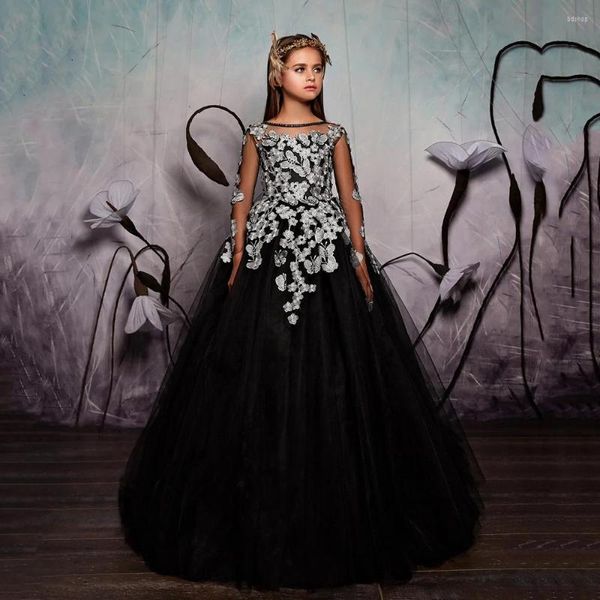 Mädchenkleider schwarze Tulle Blumenmädchen Spitzen-Appalte Pailletten langer Festzugskleid Einfache Bogen Voll Ärmel geschwollene A-Linie-Baby-Partykleid