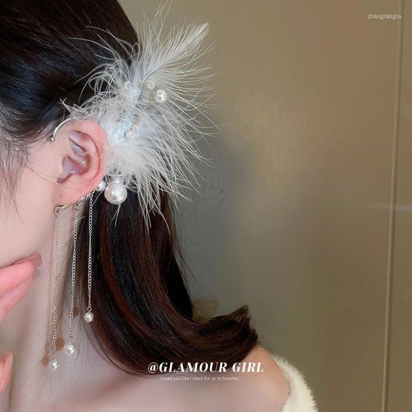 Rückseiten-Ohrringe, ungewöhnliche große weiße Feder, Perle, lange Quaste, baumelnd, kreativer Clip für Frauen, keine Perforation, Party-Schmuck