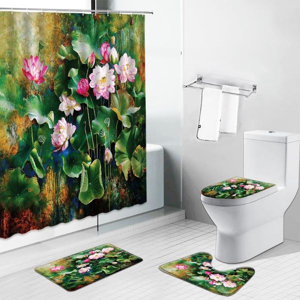 Duschvorhänge, rosa Blumen, bedrucktes Vorhang-Set, rutschfeste Badematte, Sommer, ländliche Landschaft, Lotus, Badezimmer-Dekor, Teppich, WC-Deckelbezug, Teppiche